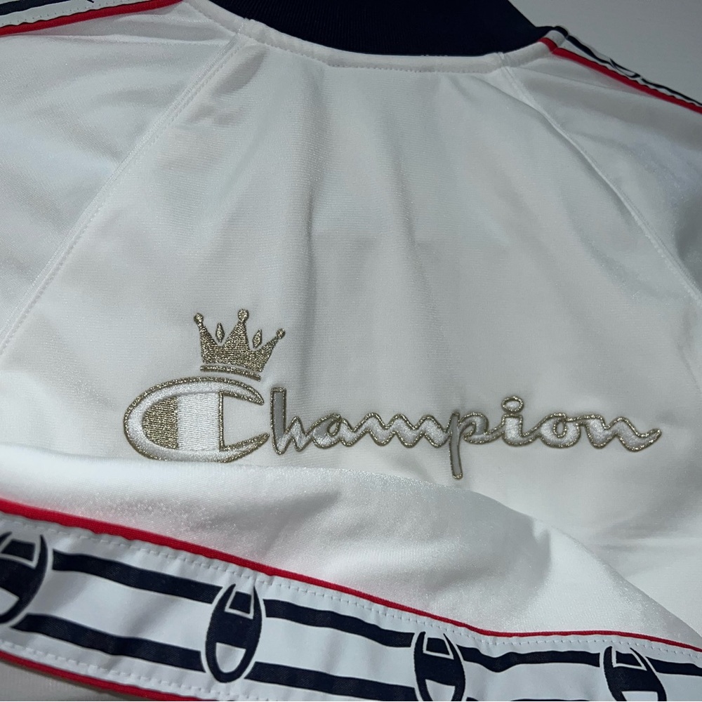 White Champion track suit jacket.